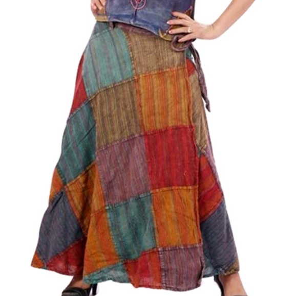 Katmandu Imports Nepal Multicolored Patchwork Cotton Wrapper Skirt One Size - Picture 1 of 7